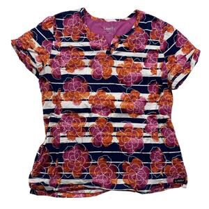 Landau Women's Floral Scrub Top Blue & White Stripes with Pink Flowers Size Med